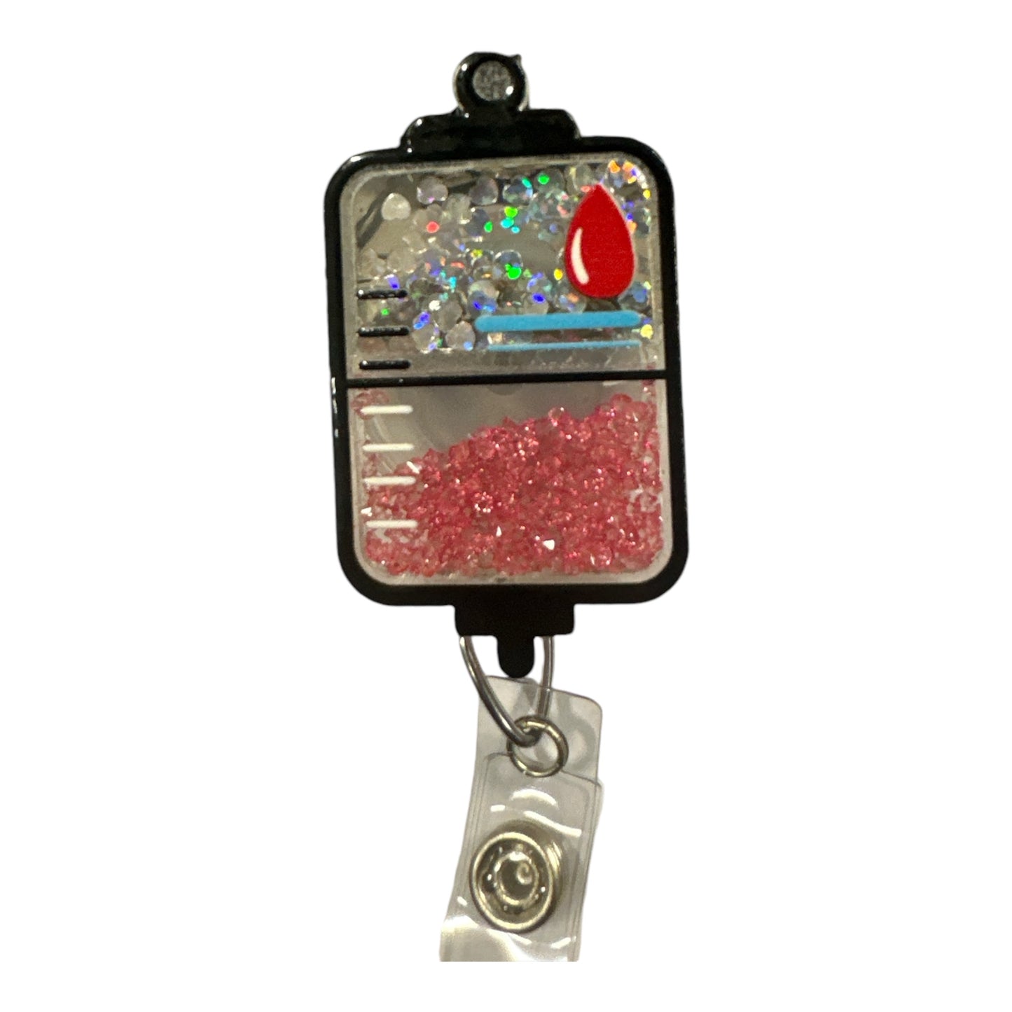 Shaker blood bag badge reel