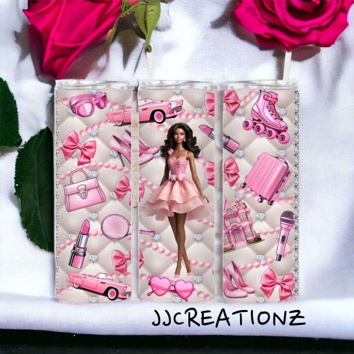 Black Barbie in pink dress tumbler